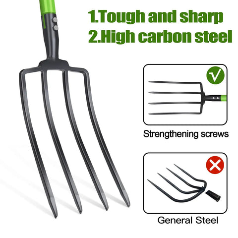 Heavy Duty Garden Fork 45 Inch Pitch Fork With Steel Tines And Comfortable Y Grip For Spading Digging Compost And Lawn Bed Work