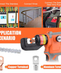Slick Electric Hydraulic Crimping Tool Featuring Brushless Motor, 12 Ton Battery Lug Wire Crimper with copper terminal connection.
