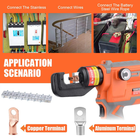 Slick Electric Hydraulic Crimping Tool Featuring Brushless Motor, 12 Ton Battery Lug Wire Crimper with copper terminal connection.