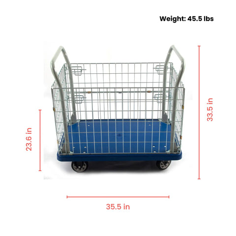 Heavy Duty Platform Truck Cart With Three Sided Steel Fence And 660 Pound Capacity Measures 23 By 35 Inches Featuring Sturdy Polypropylene Deck Paired With Five Inch Wheels That Roll Smooth Through Warehouses And Garages Daily