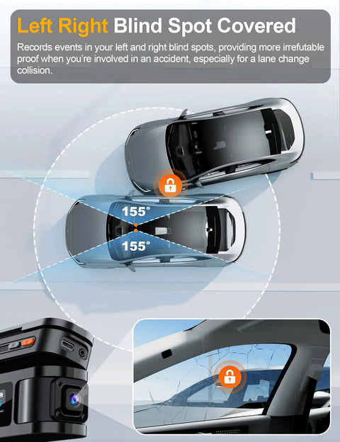 360 View 4K Front Dash Cam With Full Quad Channel Coverage Front Rear Inside Left Right, Built In GPS, blind spot coverage illustration