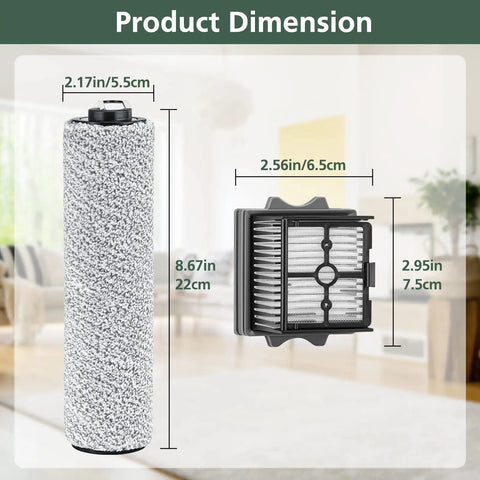 Floor One S5 Combo Replacement Brush Rollers And HEPA Filters Kit dimensions with brush roller and HEPA filter size details