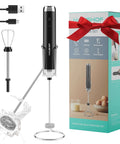 Powerful Rechargeable Milk Frother Wand With Stand Handheld Electric Foam Maker, two whisk heads, USB-C, package view.