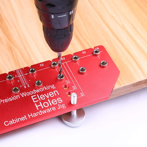 11 Hole All Metal Shelf Pin Jig With Self Contained Clamping For Easy No Fuss Drilling Drill Guide For Quick Precise Woodworking And Furniture Assembly Includes 1 Quarter Inch And 5 Millimeter Drill Bits installed on wood
