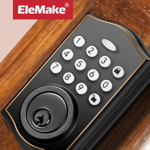 Close-up of Electronic Keypad Deadbolt With Keyless Entry, Heavy Duty Auto Lock Door Lock Set on wood, oil rubbed bronze finish.