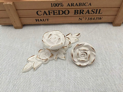 European Style Rose Cabinet Knob Set With Backplates 102mm Vintage Zinc Alloy Flower Drawer Pulls Ivory White Gold Edge