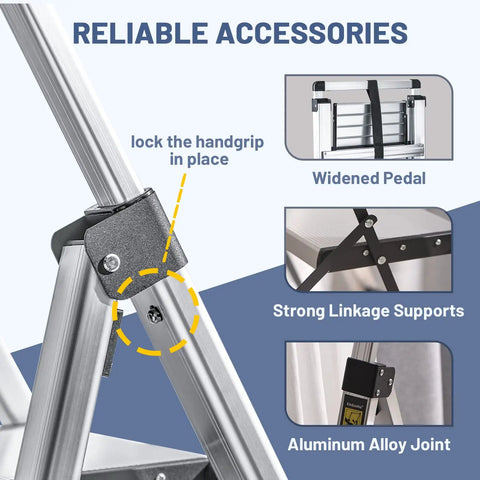 4 Step Aluminum Folding Ladder With Retractable Handgrip Lightweight Yet Sturdy For Reaching High Shelves 330 Pound Capacity Ideal For Home DIY Projects Garage Kitchen And Workshop, aluminum joint close-up