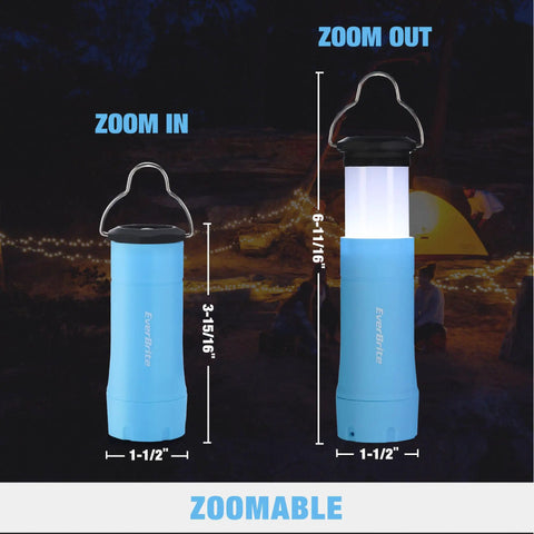 Two In One Mini Lantern And Flashlight Zoomable Portable Light showing zoom in and zoom out dimensions.