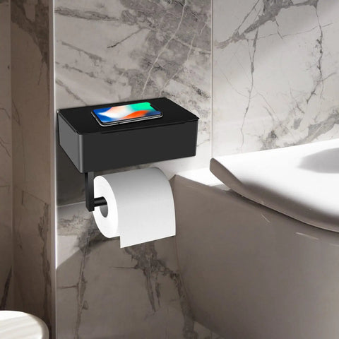 Toilet Paper Holder With Storage Shelf Wall Mount Black Stainless Steel No Installation Keeps Wet Wipes Moist Handy Bathroom Organizer For Pads And Bags