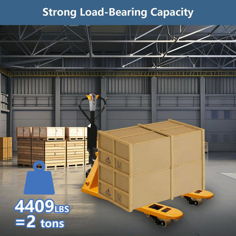 Heavy Duty Electric Pallet Truck With 4400 Lb Capacity For Tough Warehouse Work lifting wooden crates in warehouse.
