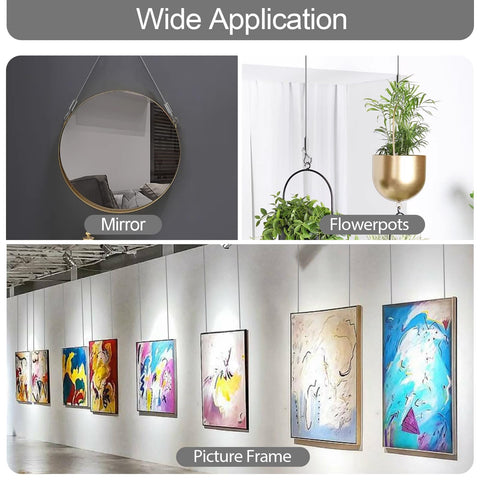 Image showing applications of Heavy Duty Picture Hanging Wire Set 6.6 Foot Stainless Steel Rope with hooks for mirrors, frames.