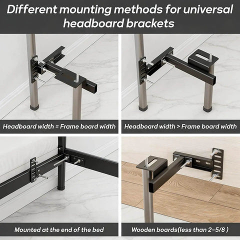 Different mounting methods for Built Tough Headboard Brackets For Metal Bed Frames Universal Adjustable Footboard Mounting Kit.