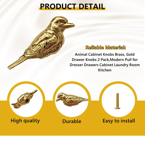2 Pack Vintage Bird Cabinet Knobs in Brass Gold Finish, close-up of brass bird figurine drawer pulls for dresser and kitchen