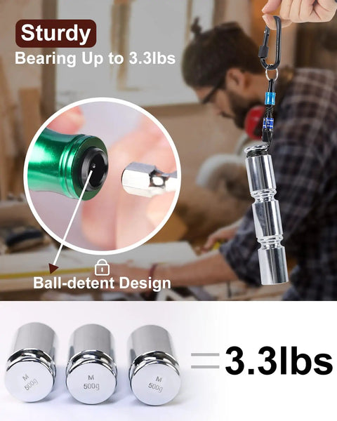 Person holding 6 Piece 1/4 Inch Hex Shank Aluminum Bit Holder Set With Quick Change Extension Bar Keychain Drill Adapter
