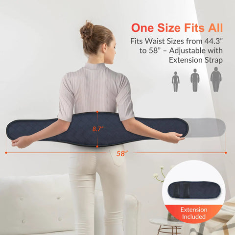 Woman wearing plug in back heating pad with vibration massager, low heat, auto shut off, size adjustable heated waist belt