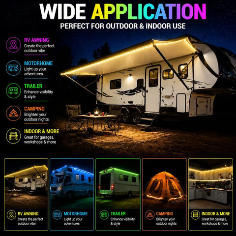 12V RV Awning Lights DIY Kit With 20 Foot RGB LED Strip, V2.1 Upgrade, showcased on camper at night