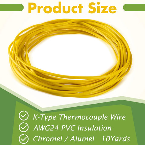 Coiled yellow K-type thermocouple wire, AWG24, PVC insulated, Chromel/Alumel, 10 yards