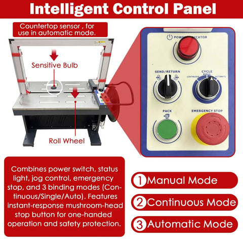 Intelligent control panel of Automatic Carton Sealer And Strapping Machine For Shipping Boxes, showing settings and safety features.