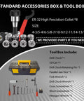 Standard accessories box for Built Tough Workhorse Benchtop Mini Milling Drilling Machine with ER-32 high precision collets and tool box.