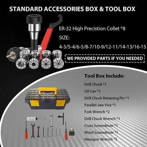 Standard accessories box for Built Tough Workhorse Benchtop Mini Milling Drilling Machine with ER-32 high precision collets and tool box.
