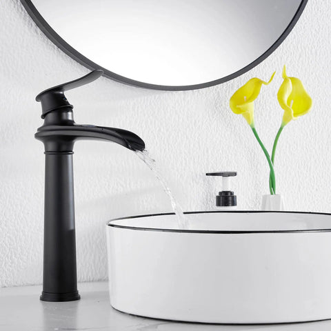 Matte Black Farmhouse Vessel Sink Faucet With One Hole, Tall Above Counter Waterfall Style, Single Handle, Drip Free Ceramic Disc