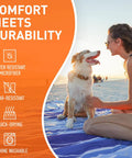 Woman with dog on Waterproof Beach Blanket Sandproof 128 By 108 Inch Big Ol Portable Picnic Mat Fits Up To 10 People at beach.