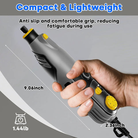 Person holding Beast 130W Corded Rotary Tool Kit with ergonomic grip, dimensions 9.06 inch by 2.36 inch, compact design