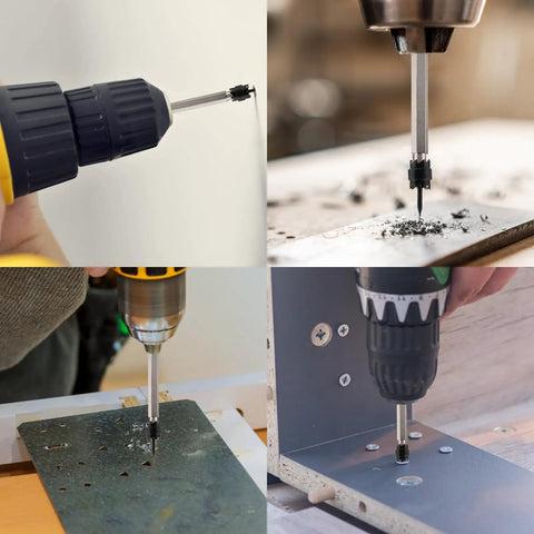 Spot Weld Cutter Set For Easy Spot Weld Removal with beefy double sided blades drilling metal surfaces in a power drill demo