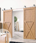 Brushed Nickel Non Bypass Sliding Barn Door Hardware Kit For Two Doors, 11 Foot Flat Track With T Shape Rollers, installed on wooden doors