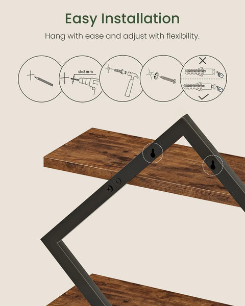 Top Shelf Two Tier Floating Wall Shelves Set Of Two With Sleek Diamond Iron Frame Rustic Brown Metal Decor for easy installation guide.