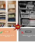 Image comparing stackable closet organizers and foldable storage baskets that keep your wardrobe looking slick with these spacious clothes drawer bins in fresh white.