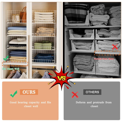 Image comparing stackable closet organizers and foldable storage baskets that keep your wardrobe looking slick with these spacious clothes drawer bins in fresh white.
