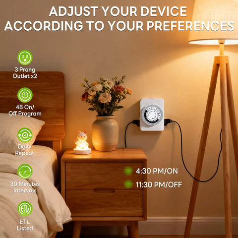 24 Hour Mechanical Outlet Timer With Dual Grounded Receptacles For Indoor Use on nightstand controlling lamp and flowers.