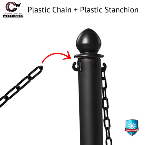 Black stanchion post with plastic chain link, part of the Yellow Plastic Stanchion Set With 2.5 Inch Diameter Posts, 40 Inch High, 50 Foot Chain.