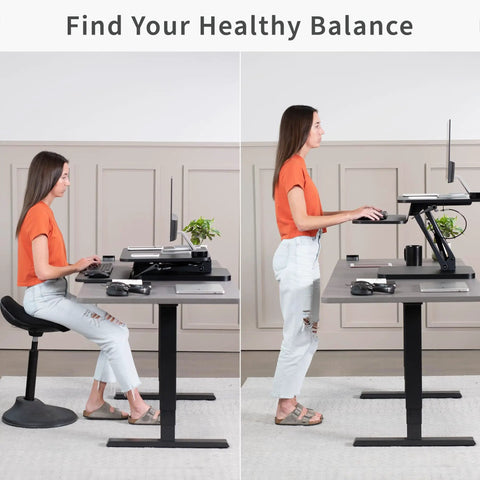 Woman using No Brainer Height Adjustable 25 Inch Standing Desk Converter For Sit And Stand Setup, showing sitting and standing positions.