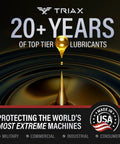 Triax lubricant advertisement highlighting 20+ years of top-tier performance, protection for extreme machines, and USA-made quality