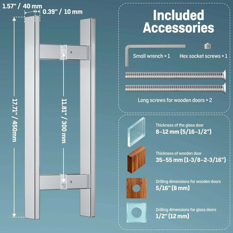 H Shaped 18 Inch Rectangle Push Pull Door Handle Back To Back 300mm Center To Center 1.2mm Thick 304 Stainless Steel Polished Chrome with included accessories