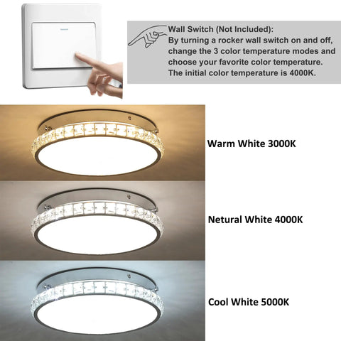 Modern Crystal Bead Chrome Flush Mount Led Ceiling Light Fixture with 3 color temperatures shown: Warm White 3000K, Neutral White 4000K, Cool White 5000K