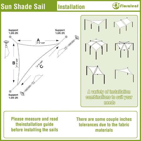 Diagram of Right Triangle Beige Shade Sail 8x8x11.3 Ft HDPE showing installation instructions and setup combinations for outdoor use.