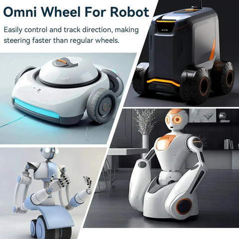 Robot omni wheel collage: white compact robot with blue LED, black rugged robot, and white humanoid robot.