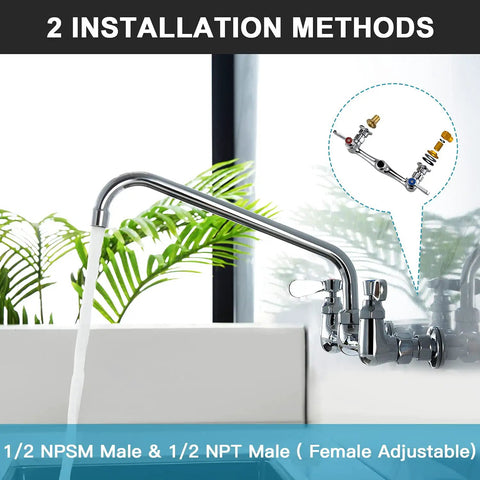Wall Mount Commercial Sink Faucet With Eight Inch Adjustable Center No Sweat Installation Right On Target Kitchen Utility Tap showing adjustable connection methods.