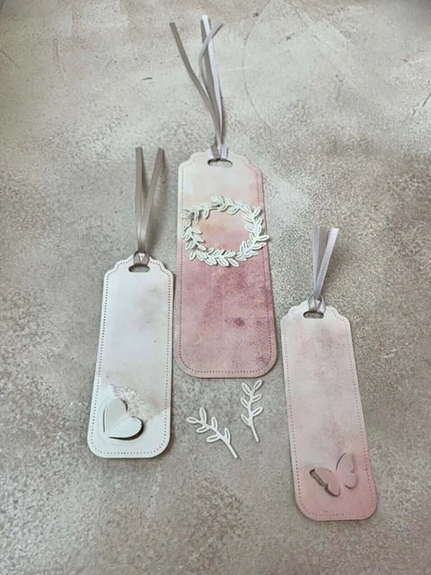 Butterfly Leaf Tag Bookmark Stencil Die Set For DIY Crafts And Scrapbooking Metal Cutting Dies with pink and white labels