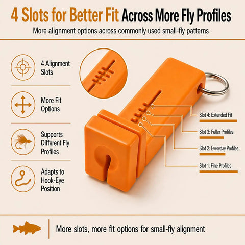 Magnetic Fly Threader 4 Slot Precision Tool Bright Orange For Fly And Ice Fishing with keychain showing 4 slot details.