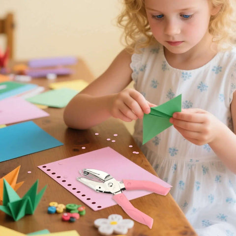 Child using 1/4 Inch Circle Hole Punch Handheld Paper Punch with Grip Handle for easy crafts and scrapbooking projects at home.