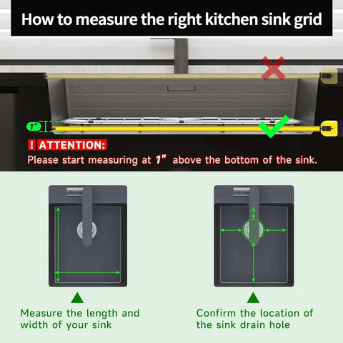 Guide on measuring for Stainless Steel Kitchen Sink Grid 2 Pack Size 13.2 x 11.6 x 1.2 Inches With Rear Drain Hole.
