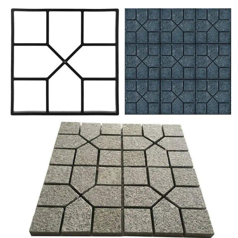 Concrete Path Molds Set For Patio And Garden Walkways Reusable Plastic Paver Molds with diverse shapes and sizes shown.