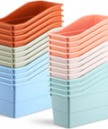 24 Pack Book Bins For Classrooms And Home Office, Plastic Binder Holders, Vertical Organizer Baskets in light colors, stacked view