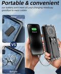 On The Go Solar Power Bank 20000mAh With 15W Wireless Fast Charge Three Built In Cables and phone charging versus tangled cables