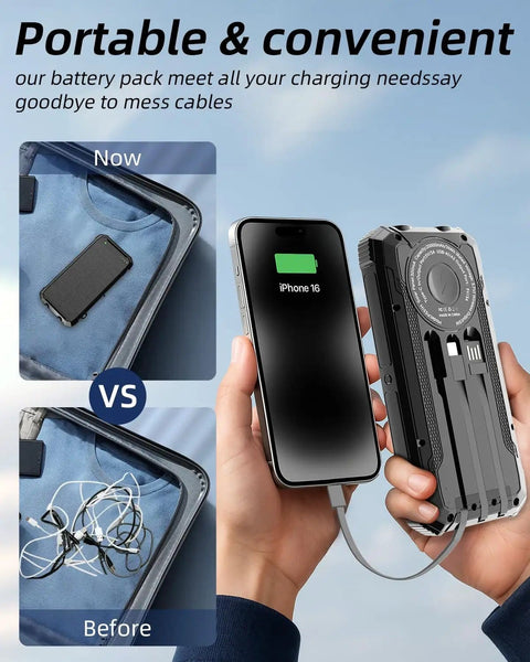 On The Go Solar Power Bank 20000mAh With 15W Wireless Fast Charge Three Built In Cables and phone charging versus tangled cables