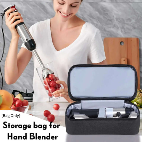 Solid Double Layer Hand Blender Storage Bag And Handy Mixer Transport Case For Kitchen Appliance Protection And Zero Drama Pantry Organization With Generous Padding And Heavy Duty Polyester. Black storage bag displayed with a hand blender.